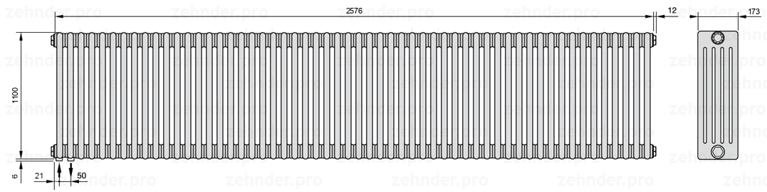 Схема (чертеж) Радиатор Zehnder Charleston 5110/56 №3370 Белый глянцевый RAL 9016